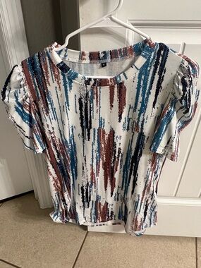 Abstract Brushstroke Short Sleeve Top - White/Blue/Brown